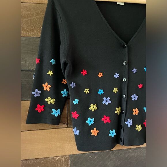 Vintage 80s CLIO Petites Black Silk Colorful Floral Embroidered Cardigan Sweater - Picture 2 of 14